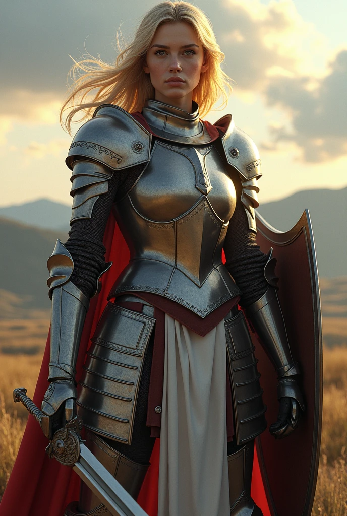 Create a beautiful 28 year old female knight, with beautiful blonde hair, with armor on his chest and waist and holding a sword on his shoulder,and a shield