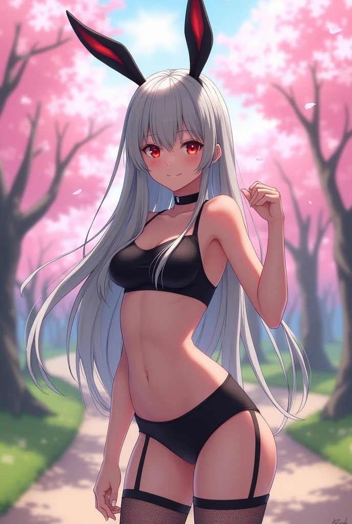 Anime girl with long grey hair, Black rabbit ears, black swimsuit, black mesh tights, Red eyes, white, en un fondo de parque con árboles con okas rosadas y en haciendo🤞con los dedos