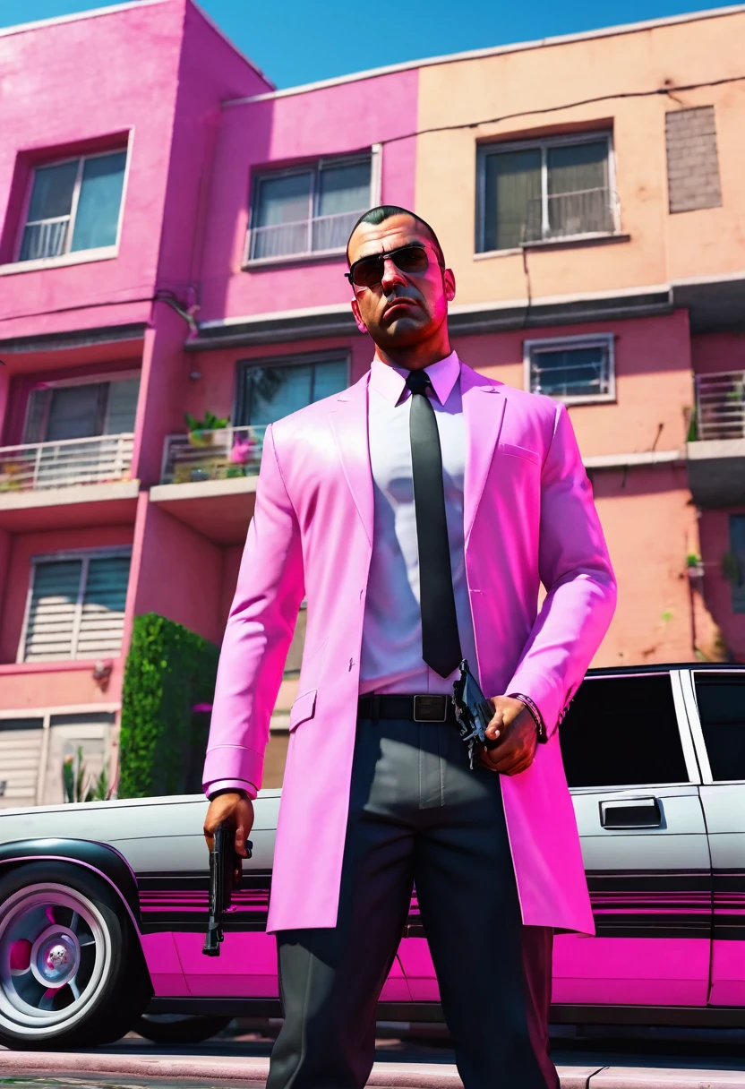Slaneesh as a young criminal from GTA V,displaying his own power. ((desire,pleasure, fulfillment,pride,cruelty)),((pink,black,pale grey)),(( Full figure wiew)). ((Three quarter wiew)).((deep wiew)),modern suburbs scenario background,photographic,ultra high resolution,hyperdetailed, masterpiece, 3d modelling, digital art.