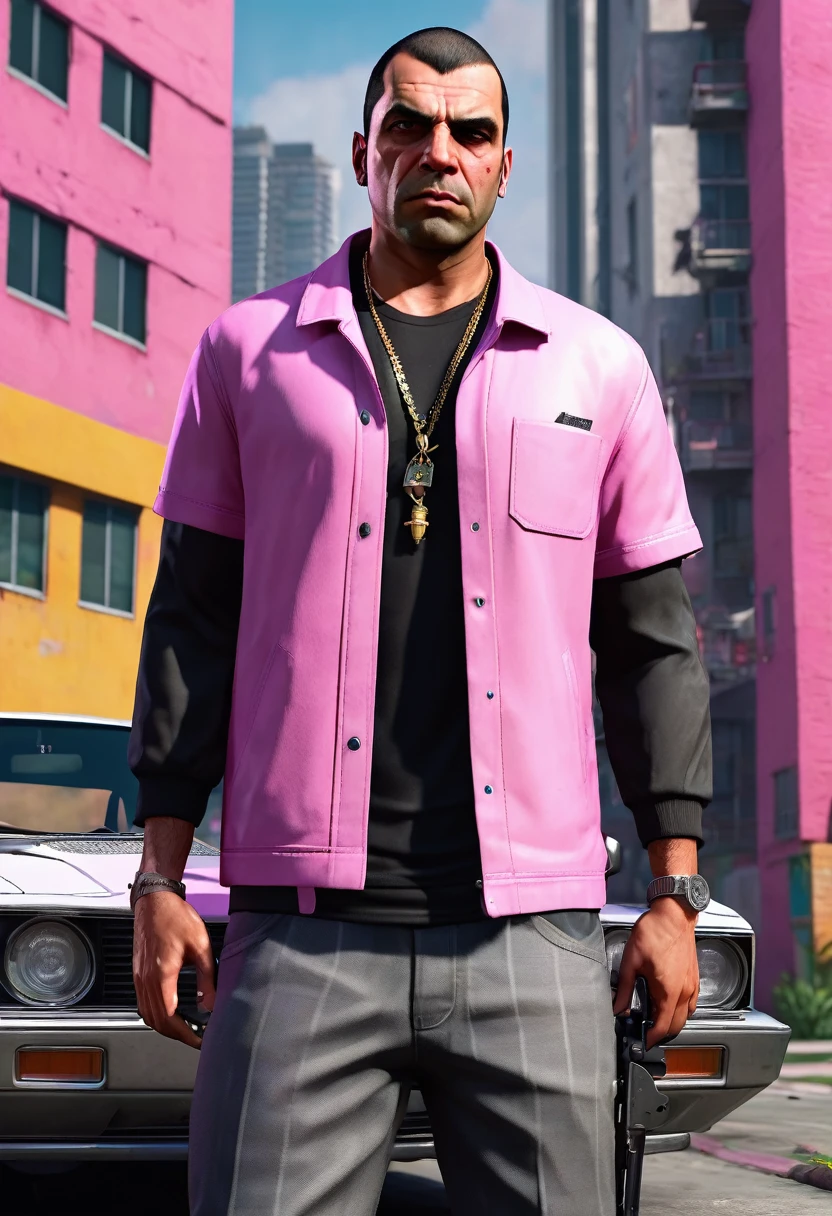 Slaneesh as a young criminal from GTA V,displaying his own power. ((desire,pleasure, fulfillment,pride,cruelty)),((pink,black,pale grey)),(( Full figure wiew)). ((Three quarter wiew)).((deep wiew)),modern suburbs scenario background,photographic,ultra high resolution,hyperdetailed, masterpiece, 3d modelling, digital art.