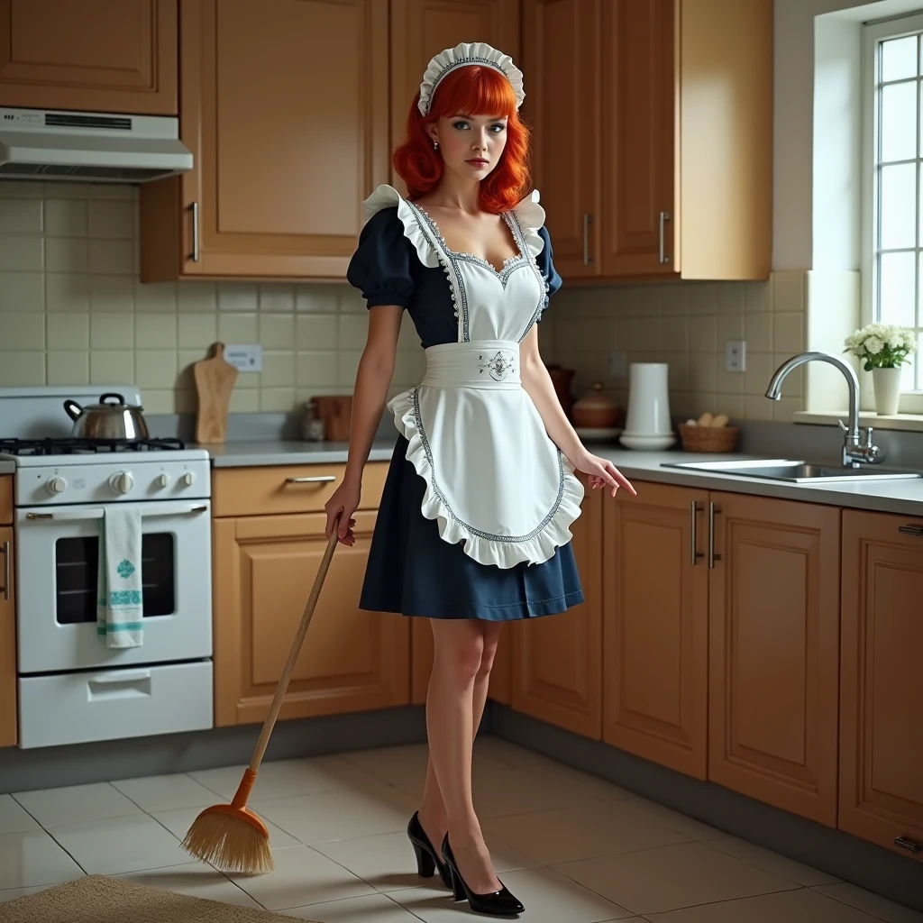 West Indian metisse, red hair, blue eyes, very slim, French maid uniform, doing housework in pumps, on the knew , ready to deepthroat, realistic photo
