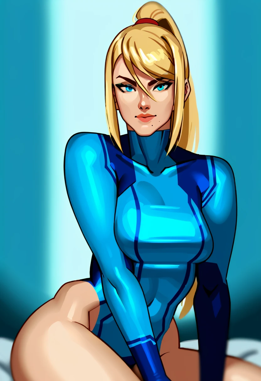 score_9, score_7_up 1girl, solo, samus aran, bodysuit, sitting, skin tight, breasts, looking at viewer, depth of field, glowing, zero suit, portrait