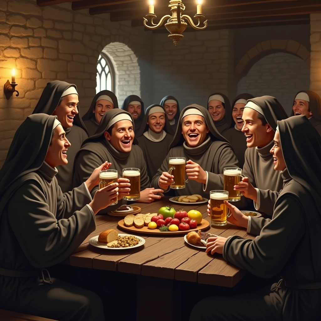 A cozy medieval tavern full of cheerful monks, including Cistercian and Capuchin monks. Cistercian monks wear white robes and simple hoods., while the Capuchins wear brown robes with characteristic hoods. The atmosphere is warm, with rustic wooden tables, stone walls, and a soft candlelight illuminating the scene. The monks are laughing, chatting and raising beer mugs, Sharing bread and fruit. The atmosphere reflects happiness and brotherhood among them., showing a deep sense of community.