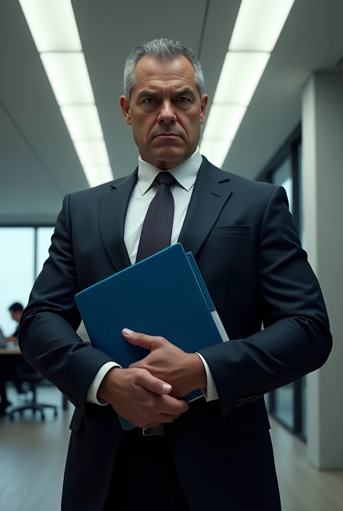 Create a powerful boss holding a blue folder