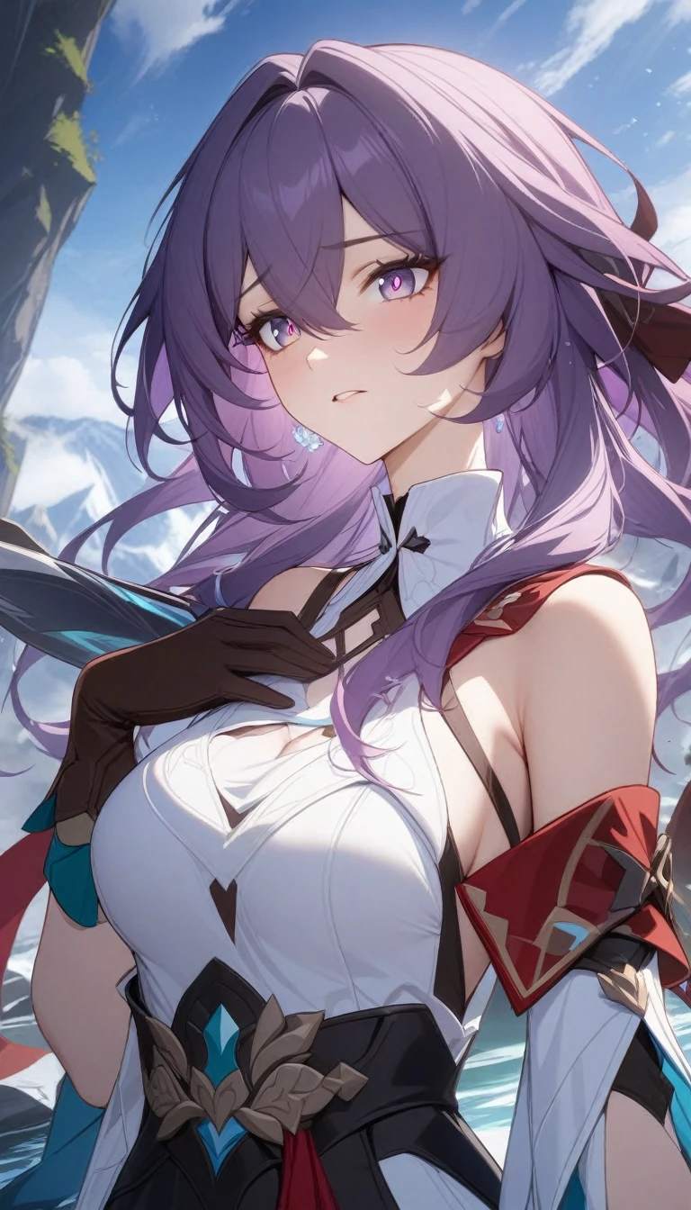 masterpiece, Best Quality, very aesthetic, absurdities, 1 girl, maduro_Agitate,,1 girl, alma \(Honkai: star rail\), Honkai \(series\), by the wide, He drowned, For the blue, medium breasts, bare shoulders, gloves, hair between the eyes, purple hair, scarf, For the blue,in the mountain,floating water drops,Front view