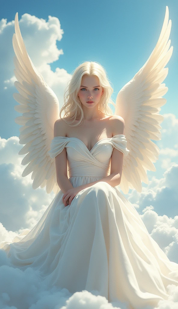 beautiful, masterpiece, Beata Undine, Angel, Big Wings , Highest quality, Highly detailed face, long sheer dresses, white, Perfect lighting, 1人のbeautiful女性, alone, , Sitting, blush, sky heaven clouds