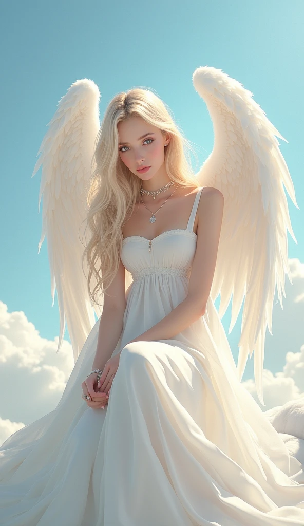 beautiful, masterpiece, Beata Undine, Angel, Big Wings , Highest quality, Highly detailed face, long sheer dresses, white, Perfect lighting, 1人のbeautiful女性, alone, , Sitting, blush, sky heaven clouds