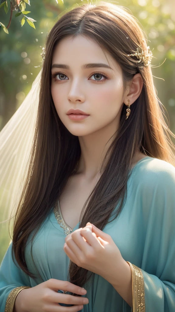 1 woman, beautiful detailed eyes, beautiful detailed lips, extremely detailed face and features, long eyelashes, serene expression, divine expression, calm expression, wise expression, tranquil expression, spiritual aura, holding oracle cards, oracle cards, mystical themes, serene themes, spiritual themes, meditative landscape, spiritual symbols, gentle spiritual lighting, mystical atmosphere, serene atmosphere, spiritual atmosphere, (best quality,4k,8k,highres,masterpiece:1.2),ultra-detailed,(realistic,photorealistic,photo-realistic:1.37),concept art