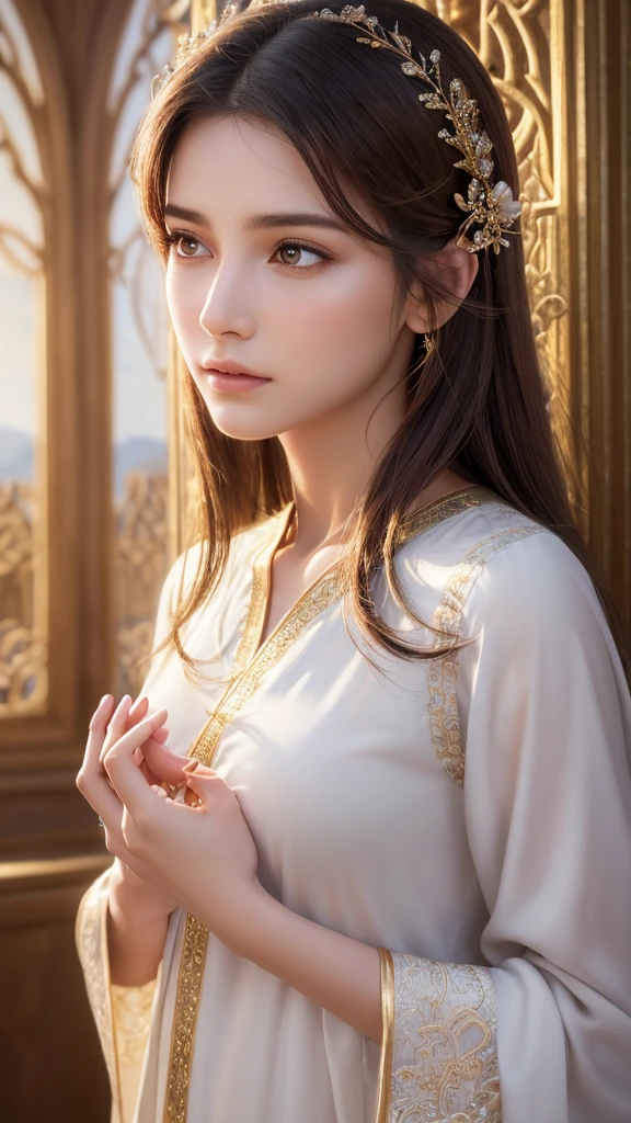 1 woman, beautiful detailed eyes, beautiful detailed lips, extremely detailed face and features, long eyelashes, serene expression, divine expression, calm expression, wise expression, tranquil expression, spiritual aura, holding oracle cards, oracle cards, mystical themes, serene themes, spiritual themes, meditative landscape, spiritual symbols, gentle spiritual lighting, mystical atmosphere, serene atmosphere, spiritual atmosphere, (best quality,4k,8k,highres,masterpiece:1.2),ultra-detailed,(realistic,photorealistic,photo-realistic:1.37),concept art