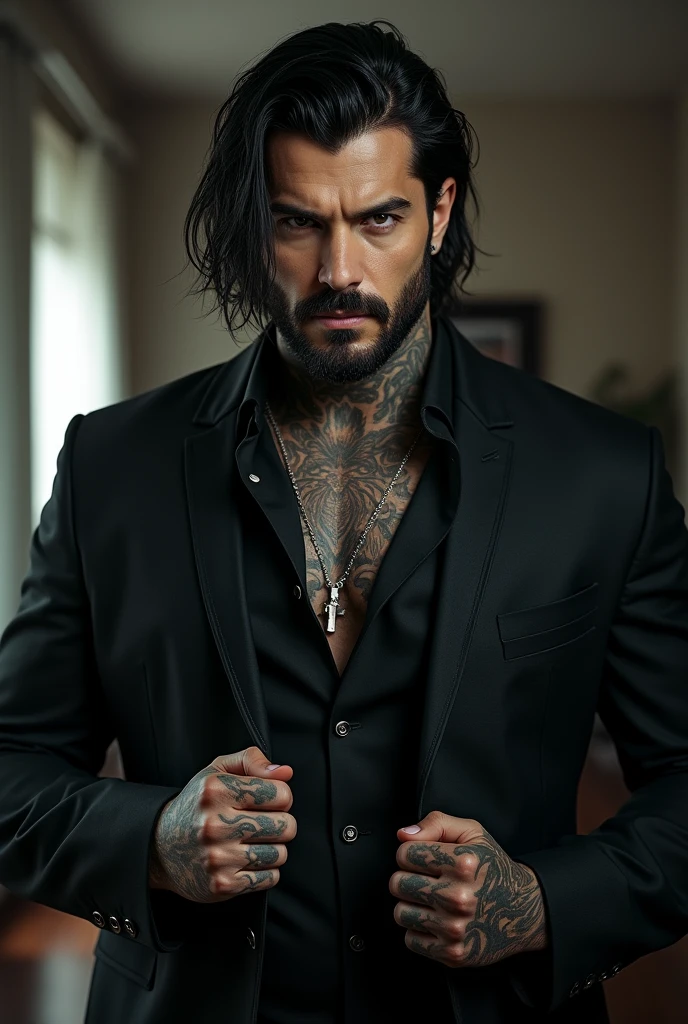 Tall, thin, corpulent man with medium-long, military-cut black hair, Deep gray eyes, well-defined jaw, little beard, seductive tattoos on the neck and hands, medium-thick lips with a dark aura, businessman-like.