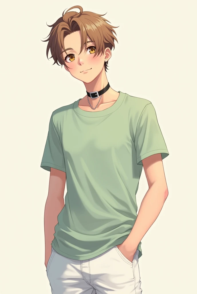 Young man, light brown hair up to the neck, honey eyes, black choker, light green T-shirt, white jeans, character design, soft anime style, high quality, dynamic pose