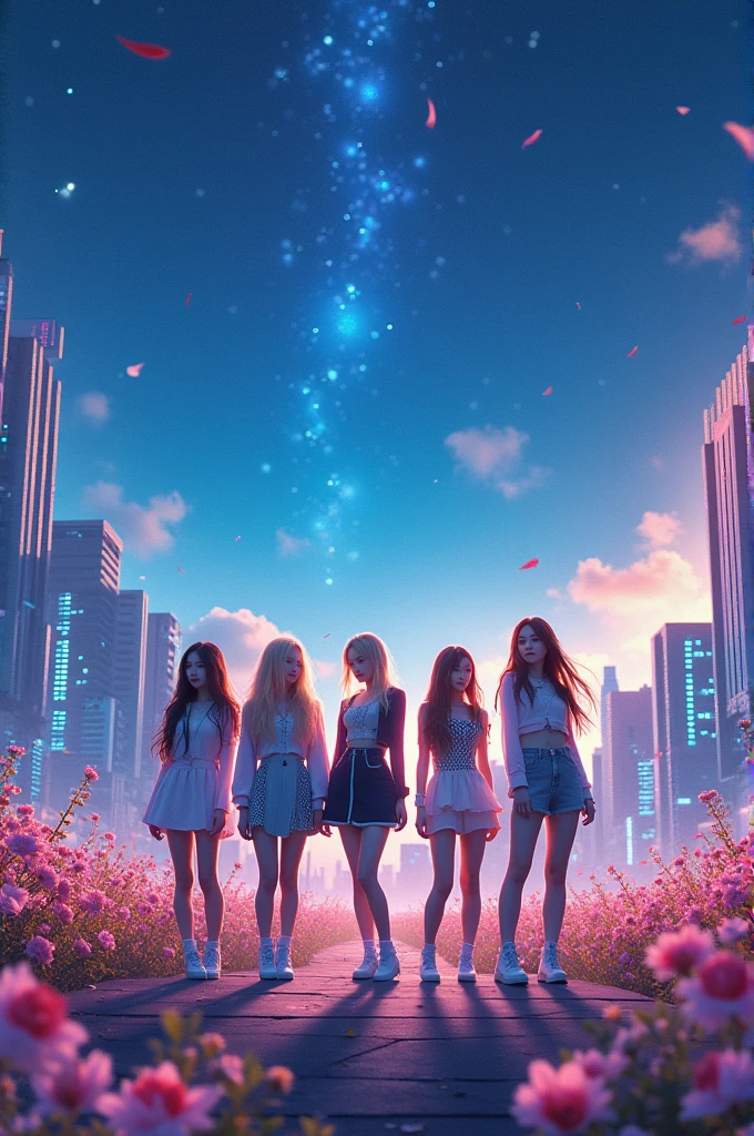 create a realistic image for a fictional female Kpop group with only 7 members with 1 blonde among them. in a setting of a mix of modern urban environments and stunning natural landscapes, like a field of flowers under the starry sky and a rooftop overlooking the illuminated city embraced