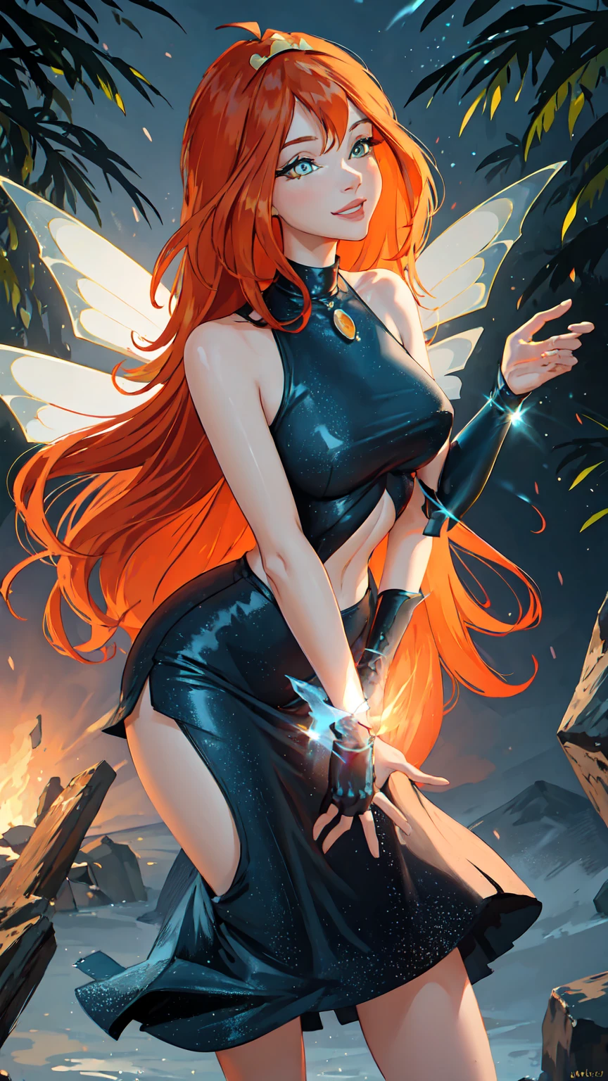 masterpiece, best quality, ultra-detailed, Bloom, milf, mature face, tall, thick, orange hair, yellow eyes, bangs, long hair, fairy outfit, black lingerie, sleeveless, black skirt, sparkling clothing, fairy wings, tiara, standing, smile, in the forest, cowboy shot, realistic, volumetric lighting, intricate details, tonemapping, sharp focus, hyper detailed, Hot cleavage, Big breasts, 