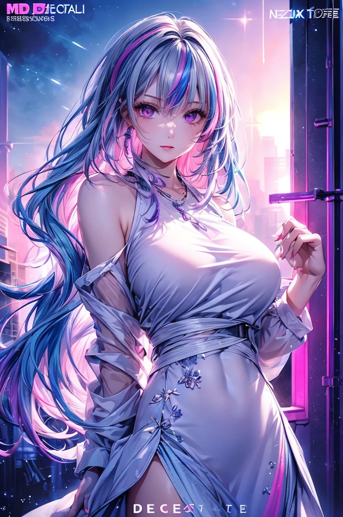 1 girl, 20 year old girl, one person, (Silver blue hair streaked pink purple:1.4), (Gradient sky blue hair ends:1.6), hair strand, absurdly long hair, single sidelock, wavy hair, shiny hair, floating hair, (Illusion deep purple eyes), delicate eyes, aqua eyes, super high detailed eyes, long upper eyelashes, ((glowing eyes)), makeup, Focus on face, Very detailed facial, Pretty Face, Perfect large breasts, hot body, (Delicate skin texture:1.2), break, White extra short micro skirt, sheer see-through Fashion Clothing, necklace, on the street, looking at the starry night sky, meteor, cyberpunk, detailed background, perfect layer cut, clean focus, (magazine:1.3), (cover-style:1.3), Octane Render, Tyndall effect, lifelike, Dark Studio, Side light, Two-color lighting, realism, chiaroscuro, (glowing light), sparkle, ray tracing, cinematic lighting, Futurism, motion blur, atmospheric perspective, Depth of Field, Bokeh, best quality, UHD, super detail, masterpiece, highres, ccurate, retina, anatomically correct
