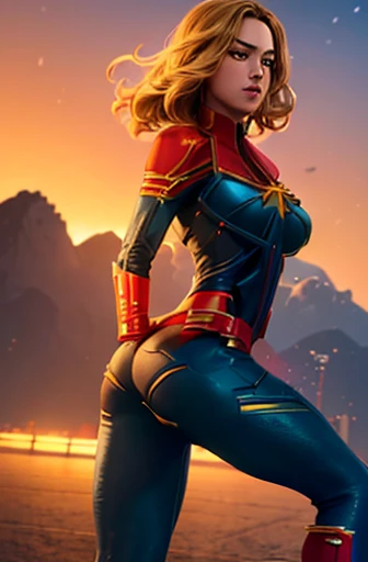 a beautiful woman, brie larson as captain marvel, tight sexy outfit, provocative posing, showing her butt, muscular body, extremely large breasts, prominent nipples, hyper detailed, 8k, photorealistic, dramatic lighting, cinematic, vibrant colors, action pose, heroic, powerful, confident