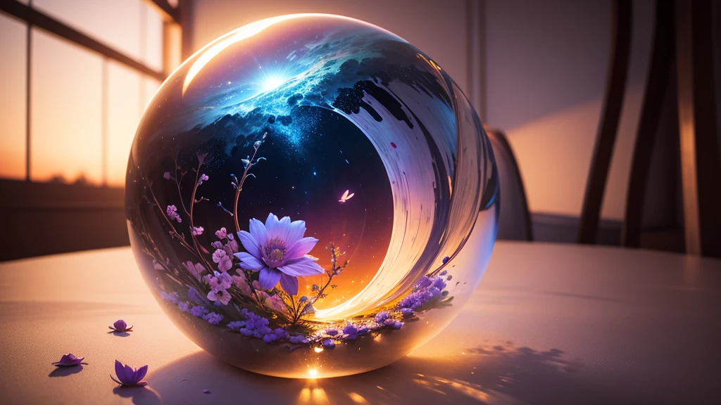 An awe-inspiring hyper-realistic photograph of a life-sized glass ball representing Earth, delicately nestled within the petals of a vibrant, blooming flower. The intricate details of the flower's veins and the reflections of continents on the glass globe create a stunning visual effect. The background is a dreamy, soft blur, emphasizing the dramatic depth and scale of the scene. The overall mood is serene and thought-provoking., photo, vibrant, cinematic