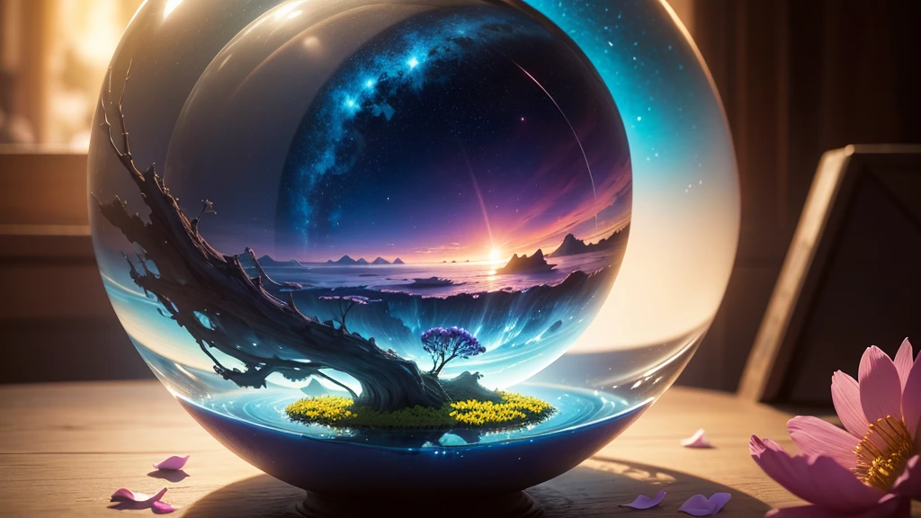 An awe-inspiring hyper-realistic photograph of a life-sized glass ball representing Earth, delicately nestled within the petals of a vibrant, blooming flower. The intricate details of the flower's veins and the reflections of continents on the glass globe create a stunning visual effect. The background is a dreamy, soft blur, emphasizing the dramatic depth and scale of the scene. The overall mood is serene and thought-provoking., photo, vibrant, cinematic