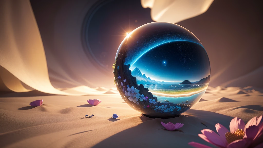 An awe-inspiring hyper-realistic photograph of a life-sized glass ball representing Earth, delicately nestled within the petals of a vibrant, blooming flower. The intricate details of the flower's veins and the reflections of continents on the glass globe create a stunning visual effect. The background is a dreamy, soft blur, emphasizing the dramatic depth and scale of the scene. The overall mood is serene and thought-provoking., photo, vibrant, cinematic