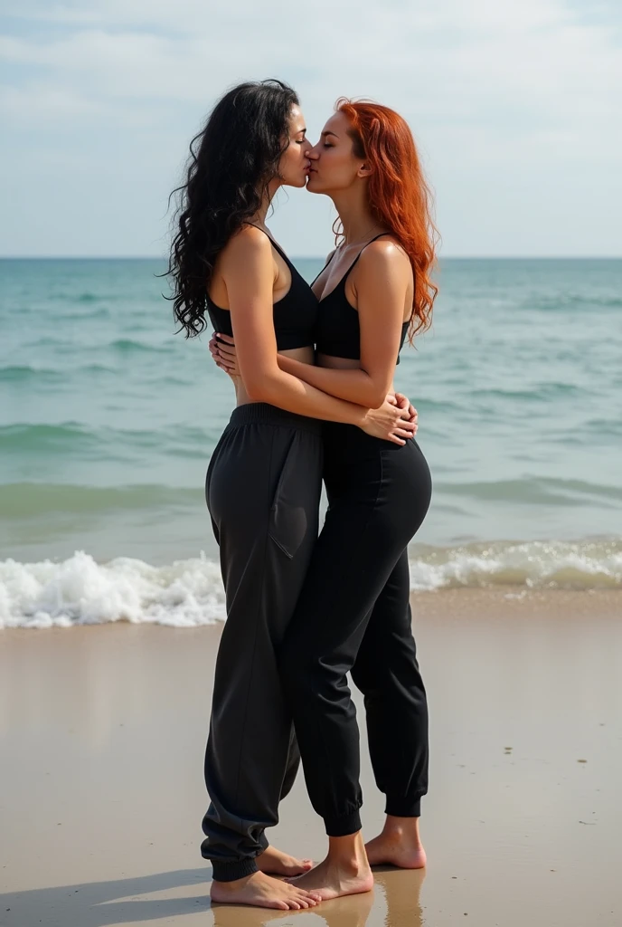 2 women. One with black wavy hair, black sweatpants yalın ayak. the other one is redhead, black sweatpants, Barefoot woman. 2 women kissing 2 men on the beach