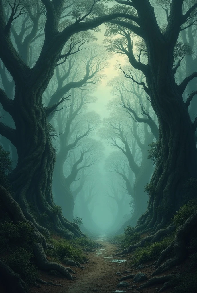 A forest entrance with cloudy weather, the image brings a sense of mystery and a bit of fear.