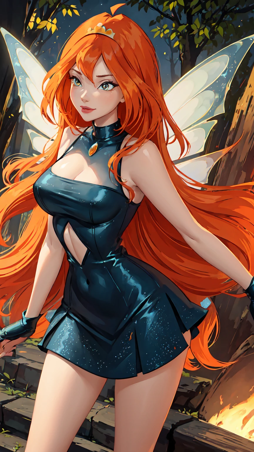 masterpiece, best quality, ultra-detailed, Bloom, milf, mature face, tall, thick, orange hair, yellow eyes, bangs, long hair, fairy outfit, black lingerie, sleeveless, black skirt, sparkling clothing, fairy wings, tiara, standing, smile, in the forest, cowboy shot, realistic, volumetric lighting, intricate details, tonemapping, sharp focus, hyper detailed, Hot cleavage, Big breasts, 