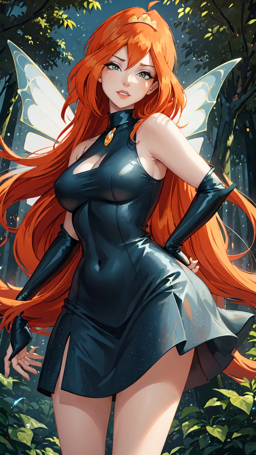 masterpiece, best quality, ultra-detailed, Bloom, milf, mature face, tall, thick, orange hair, yellow eyes, bangs, long hair, fairy outfit, black lingerie, sleeveless, black skirt, sparkling clothing, fairy wings, tiara, standing, smile, in the forest, cowboy shot, realistic, volumetric lighting, intricate details, tonemapping, sharp focus, hyper detailed, Hot cleavage, Big breasts, 