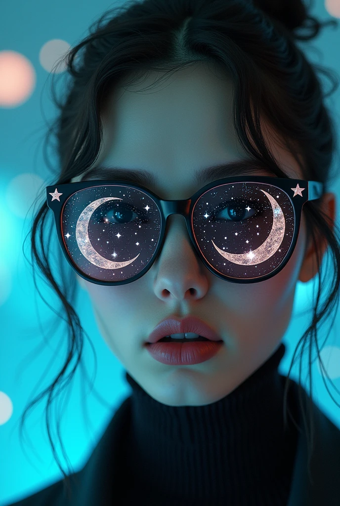 The model is wearing glass sunglasses with stars and the moon on the glass
