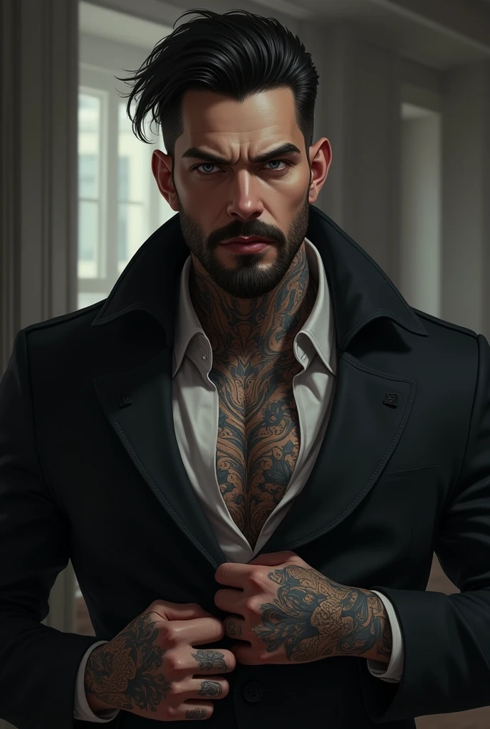 Tall, thin, corpulent man with medium-short black hair , Deep gray eyes, well-defined jaw, little beard, seductive tattoos on the neck and hands, medium-thick lips with a dark aura, businessman-like.