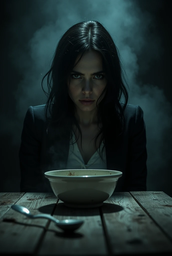 One Women with bowl and spoon on table looks scary night view looking into camera