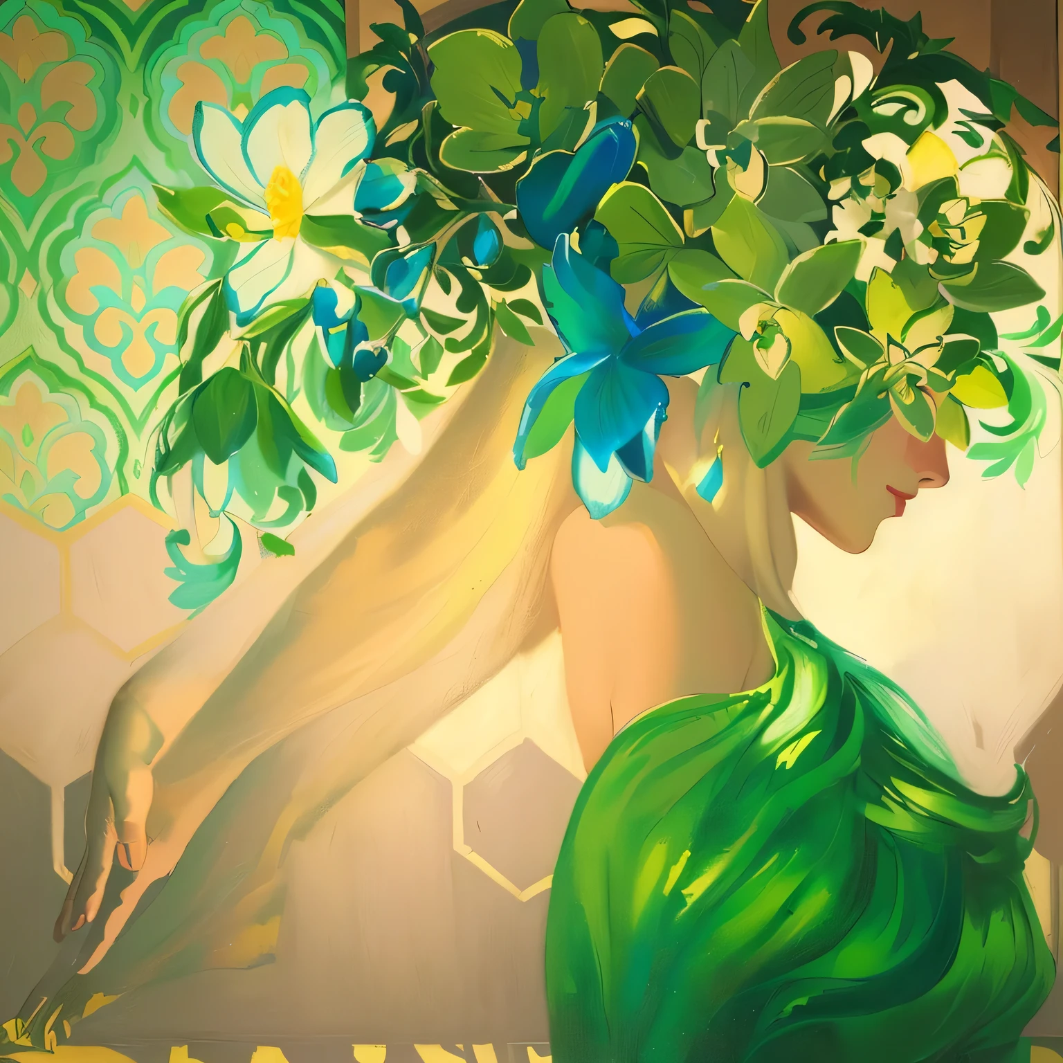 painting of a woman with flowers on her head and a green dress, inspired by Antonio Donghi, inspired by Joseph Stella, inspired by Jacopo Baccarini, inspired by Cornelis van Haarlem, inspired by Jens Juel, inspired by Naomi Okubo, by Neysa McMein, inspired by Evelyn De Morgan, hyperrealist highly intricate