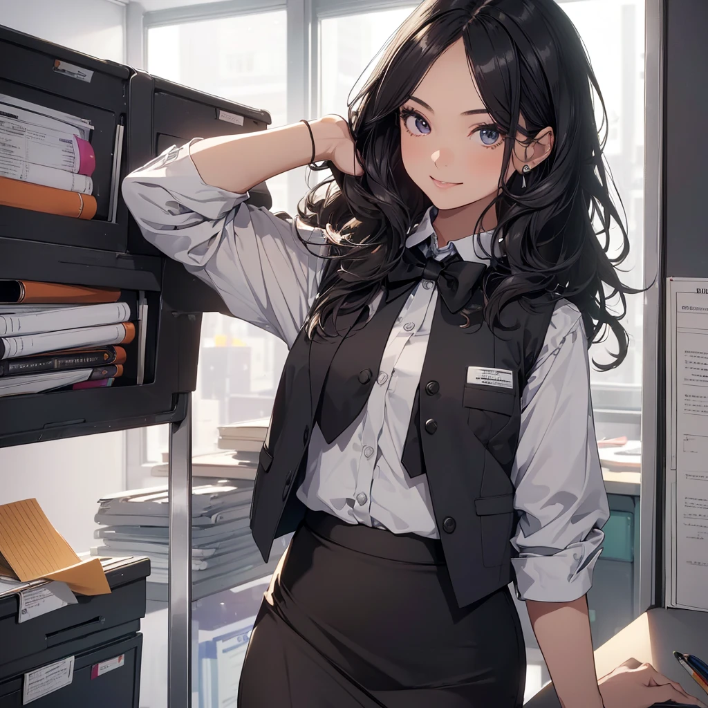 1 girl, Solo, 25 years old, Best Quality, Ultra-detailed, 8K, High resolution, Detailed face, from below, black hair, (((half up))), light smile, happy, (((office leady, office uniform, vest, bowtie, pencil skirt, ID card))), in the office, holding a bundle of papers,