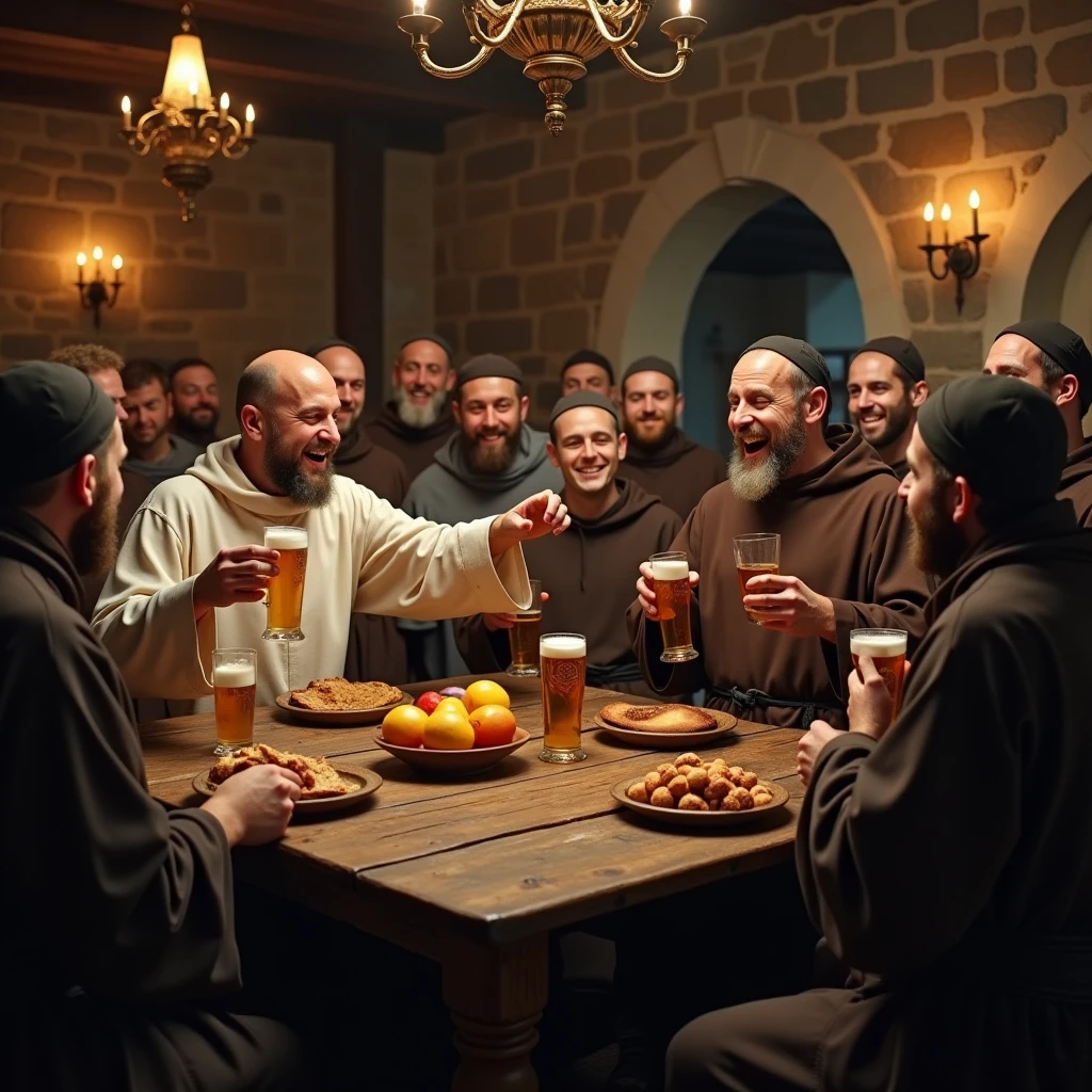 A cozy medieval tavern full of cheerful monks, including Cistercian and Capuchin monks. Cistercian monks wear white robes, while the Capuchins wear brown robes. The atmosphere is warm, with rustic wooden tables, stone walls, and a soft candlelight illuminating the scene. The monks are laughing, chatting and raising beer mugs, Sharing bread and fruit. The atmosphere reflects happiness and brotherhood among them., showing a deep sense of community.