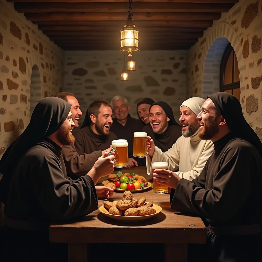 A cozy medieval tavern full of cheerful monks, including Cistercian and Capuchin monks. Cistercian monks wear white robes, while the Capuchins wear brown robes. The atmosphere is warm, with rustic wooden tables, stone walls, and a soft candlelight illuminating the scene. The monks are laughing, chatting and raising beer mugs, Sharing bread and fruit. The atmosphere reflects happiness and brotherhood among them., showing a deep sense of community.