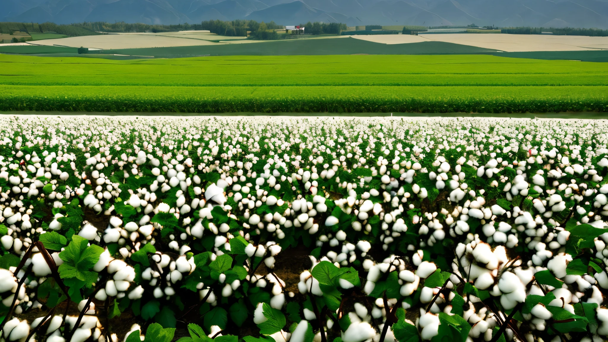 A scene showing (((Chinese farmers adopting new cotton growing techniques))), learned from the peoples of Central Asia. The landscape must include [green fields and villagers working] I harmonize like the earth.