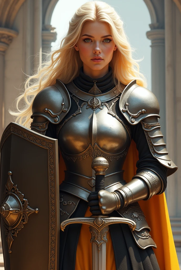 Create a beautiful 28 year old female knight, with beautiful blonde hair, with armor on his chest and waist and holding a sword on his shoulder,and a shield, the arms do not need armor