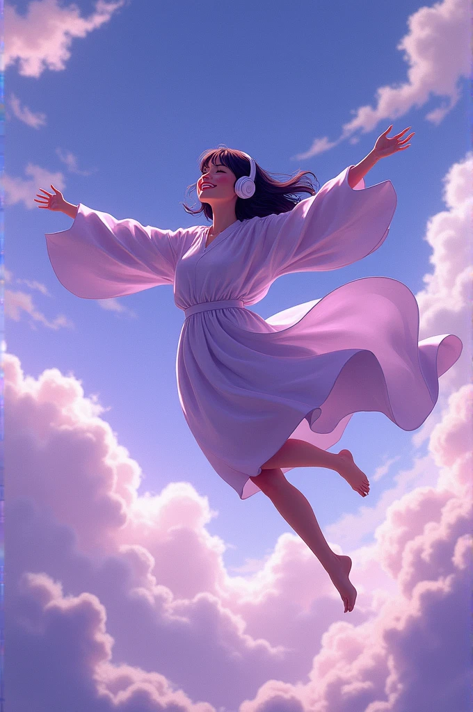 A woman flying among the clouds. She keeps her arms wide open, her legs straight and looks very happy while listens to music with her headphones. Her shirt's long sleeves completely covers her hands. Predominantly shades of purple and black. Make it on anime style.