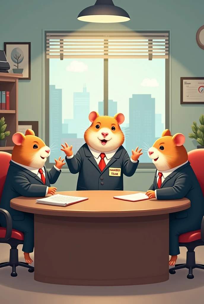 Create a picture of four hamsters that looks like a bird in an office sitting on an office chair like there in a round table meeting with a suit on, one of them should be on its feet as if its giving a presentation. On the suit that the hamsters are putting on there should be a tag written " HAMIBIRD TEAM"
And below the picture there should be a note saying like and Follow for more keys