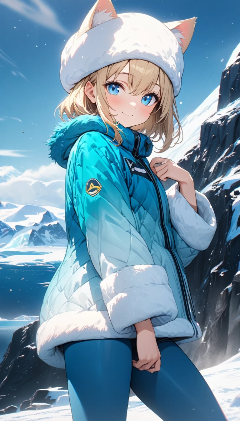 young girl, short blonde hair, blue eyes, smile, white fur hat with cat ears, turquoise fur coat, blue tight leggins, Antarctic, Masterpiece, best quality, Full HD, 8k, ultra details, great graphic