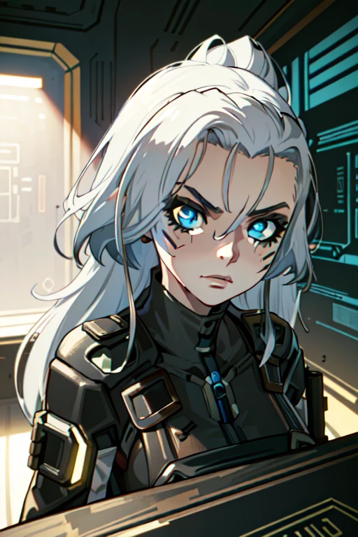 ((masterpiece, best quality))
 CyberRogueOld, 1girl, white hair, long hair, in a steampunk laboratory, surrounded by intricate contraptions and brass gadgets advanced alien technology, detailed portrait, cell shaded, 4k, concept art, by wlop, ilya kuvshinov, artgerm, krenz cushart, greg rutkowski, pix