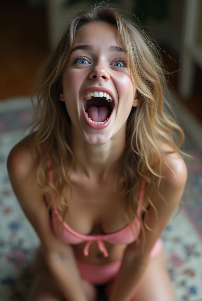 female white young teen, mouth very wide open and smiling, eyes wide open in a crazed look, long hair, wearing pink lingerie, extreme skin detail, ultra realistic, 8k, wallpaper, kneeling on floor, viewed from above