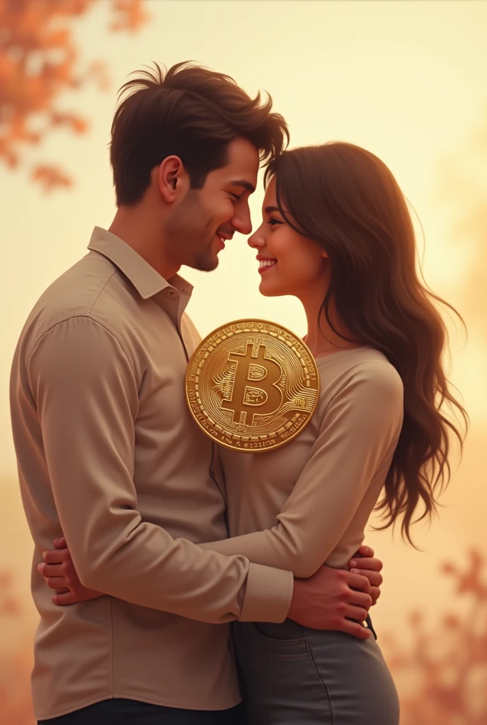 Couple hugging in between them a Bitcoin coin
