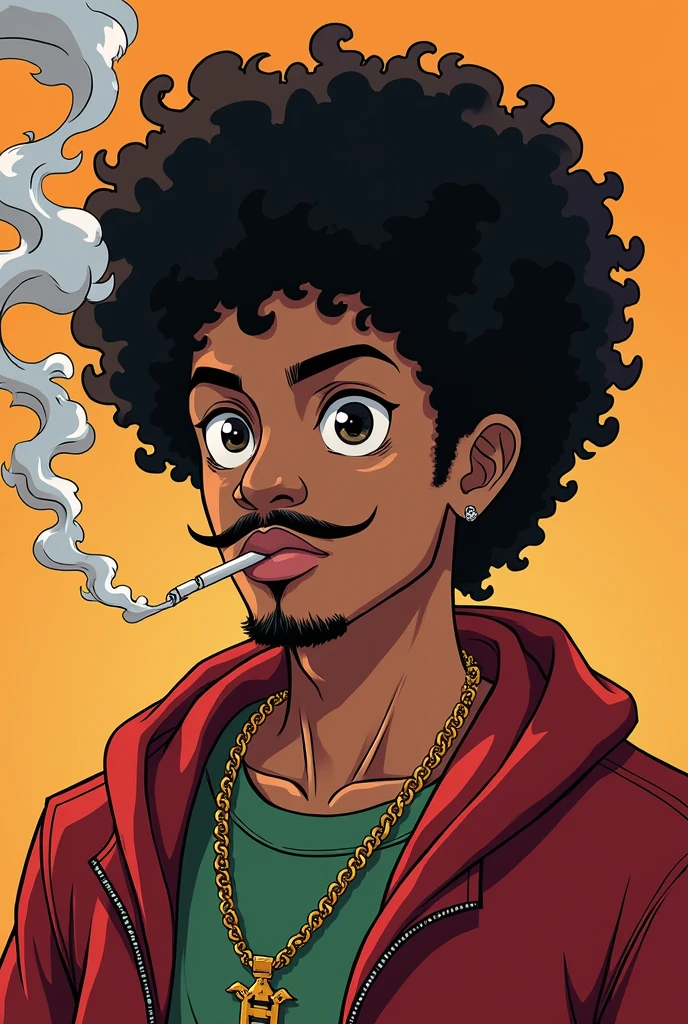anime style, young man, tiny moustache, black low afro, smoking weed, full bod
y, rapper