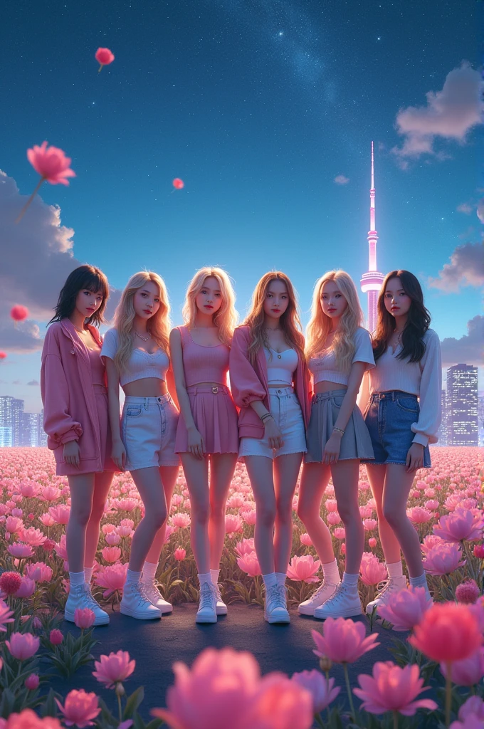 create a realistic image for a fictional female Kpop group with only 7 members with 1 blonde among them. in a setting of a mix of modern urban environments and stunning natural landscapes, like a field of flowers under the starry sky and a rooftop overlooking the illuminated city. Each one with a different pose
