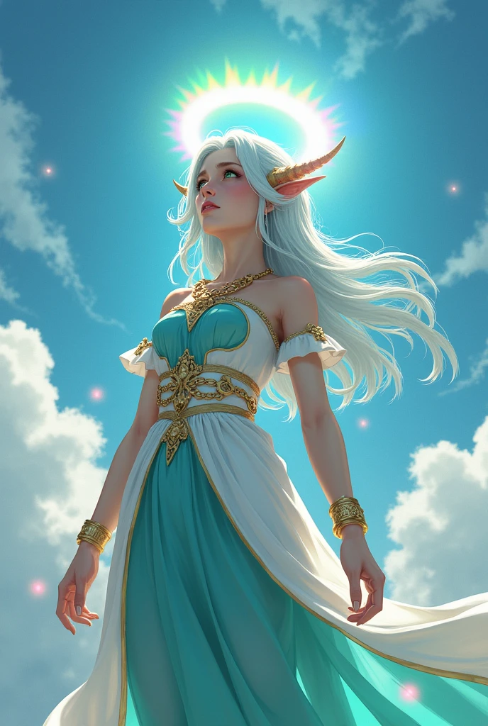 Demon girl fallen from the sky,with rainbow colored halo, white and turquoise dress, chains of wealth, She looks at the sky feeling betrayed