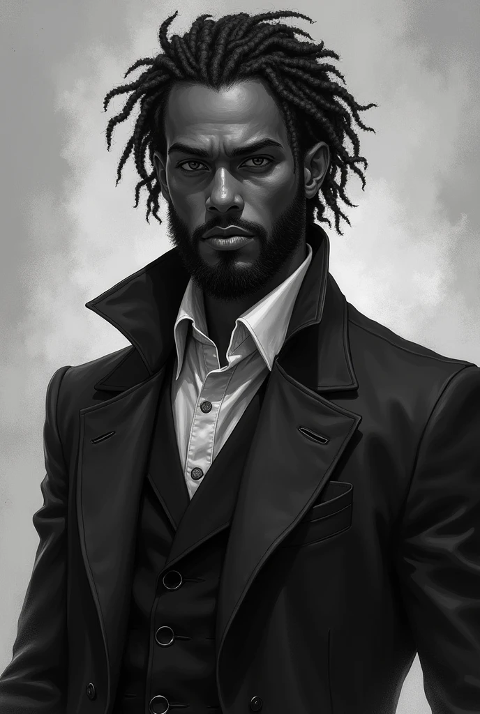 a philosophy teacher. African descendent. bonitas. with a well-groomed beard and neat clothes. vampire of the malkavian clan.
black and white art. with reference to the role-playing game Vampire the Masquerade.