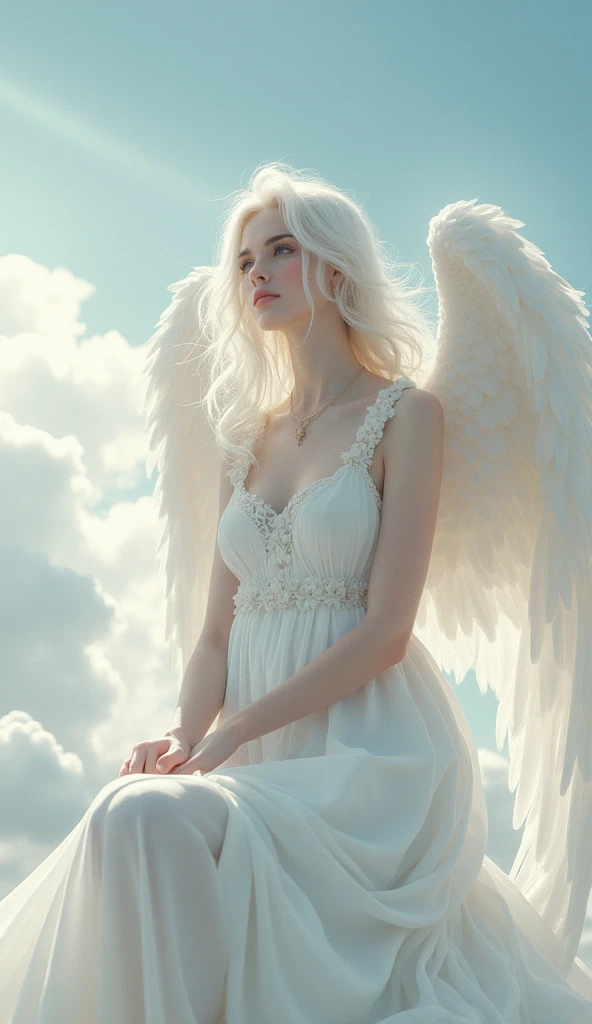 (beautiful金髪女性, beautifulAngel, whole body:1.3),(White skin:1.8),(beautiful小さな胸:1.35),(Angelの羽根:1.4), beautiful, masterpiece, Beata Undine, Angel, Angelの輪, Angelの翼 , Highest quality, Highly detailed face, A thin, sheer long dress, Perfect lighting, 1人のbeautiful女性, alone, , Sitting, blush, sky heaven clouds