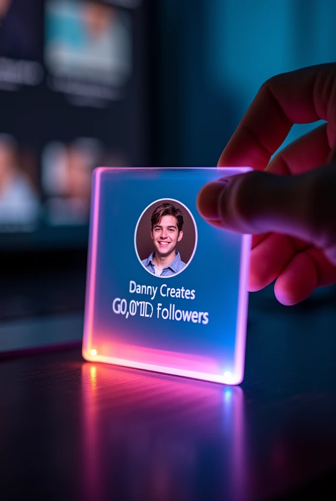 Notice: Create an Instagram profile on a glass name card on a black desk displaying the Instagram logo and a realistic profile picture of a teenager in a circle and "Danny Creates" It is written in bold below the profile photo and 100 are written.000 followers, The Instagram card is glowing in pink and blue on the edge. A corner is held with two fingers.