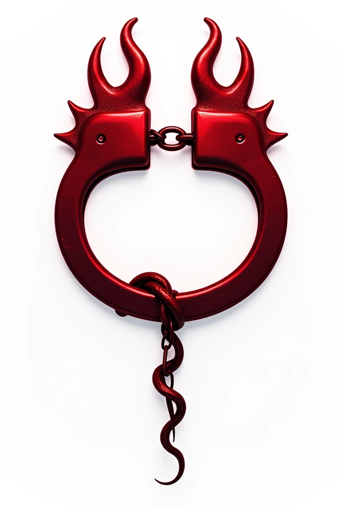(logo design) sexy evil logo, a sexual striking red handcuff, adorned with demon horns and a sinuous chain tail extending from the base, dynamic and bold, emphasizing a dark theme, glossy finish, high-resolution, creating an impression of sexuality and power. White background. 