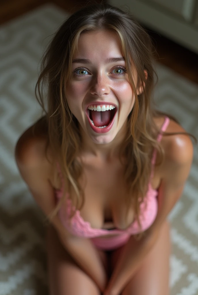 female white , mouth very wide open and smiling, eyes wide open in a crazed look, long hair, wearing pink lace lingerie, extreme skin detail, ultra realistic, 8k, wallpaper, kneeling on floor, viewed from above