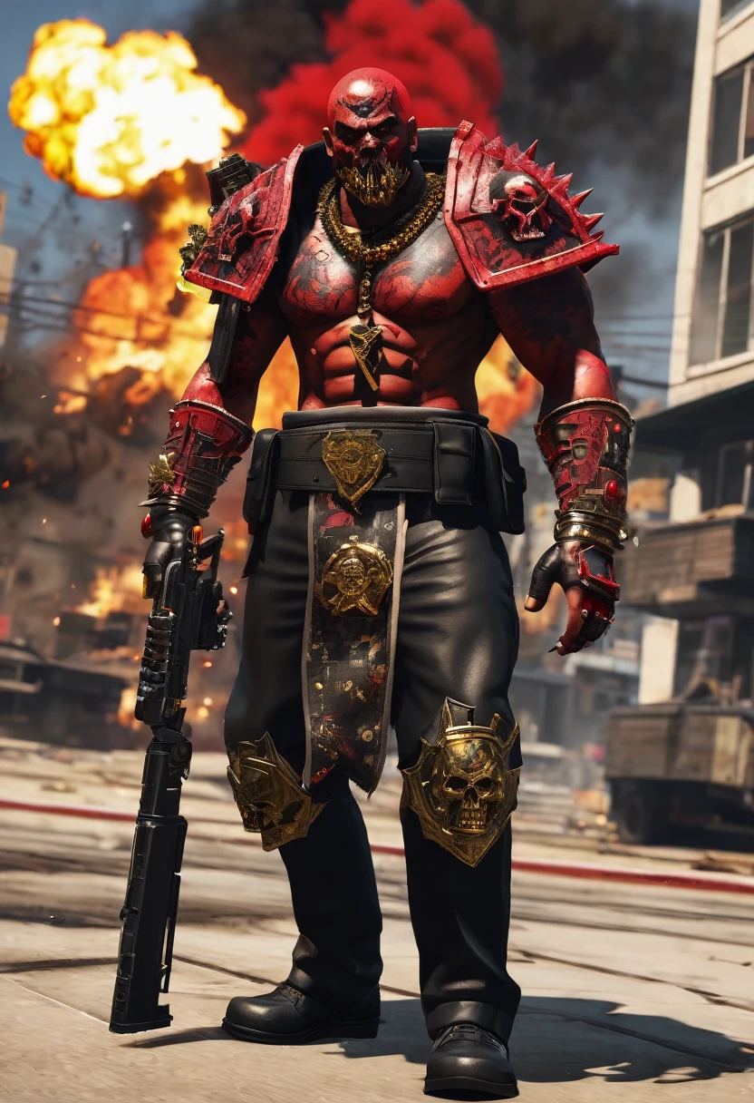Khorne as a young criminal from GTA V,displaying his own power. ((conflict, destruction,rage,warmaster)),((black, red, golden brass)),(( Full figure wiew)). ((Three quarter wiew)).((deep wiew)),modern suburbs scenario background,photographic,ultra high resolution,hyperdetailed, masterpiece, 3d modelling, digital art.